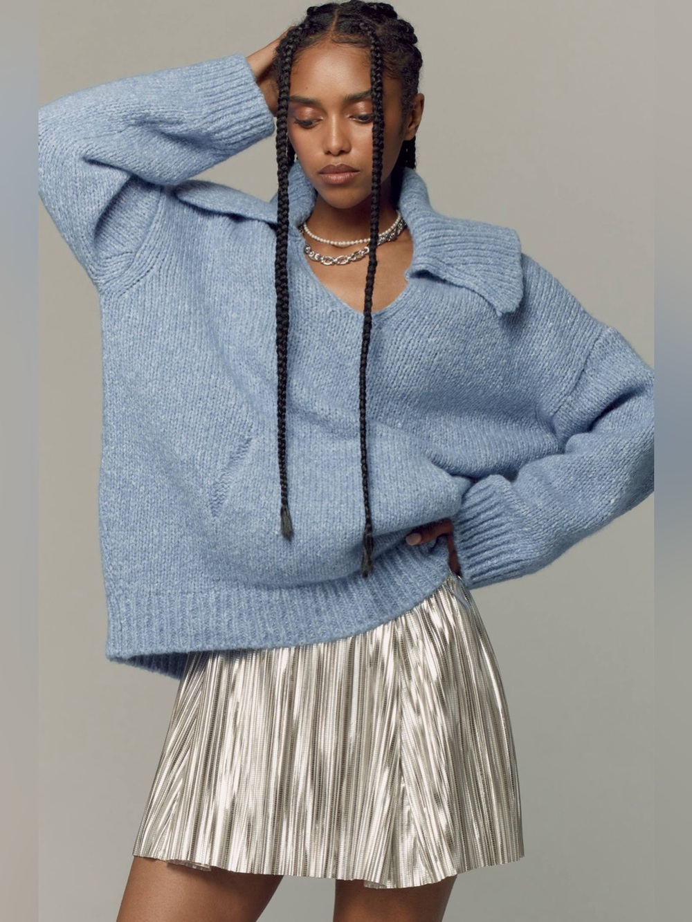 Anthropologie Pilcro Collared Pouch Pocket Sweater Blue XS Wool Blend Oversized